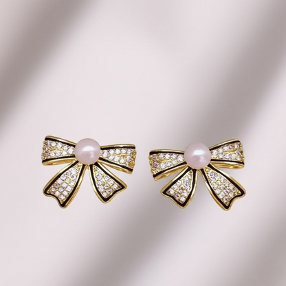 Bow Shape Zircon Pearl Earrings – PJT-995 HHC