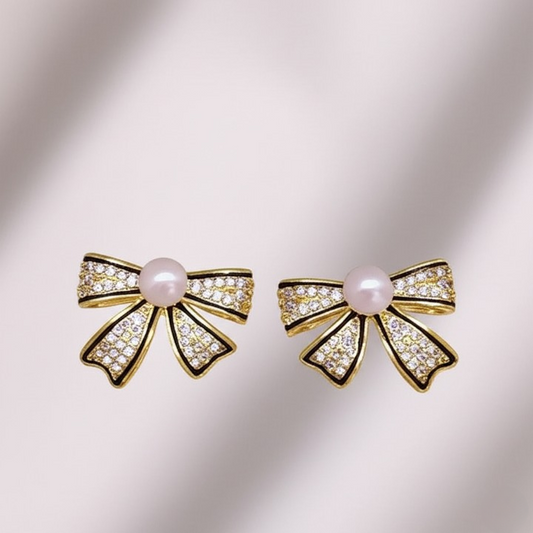 Bow Shape Zircon Pearl Earrings – PJT-995 HHC