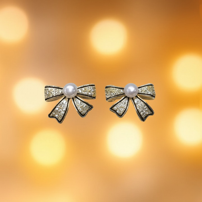 Bow Shape Zircon Pearl Earrings – PJT-995 HHC