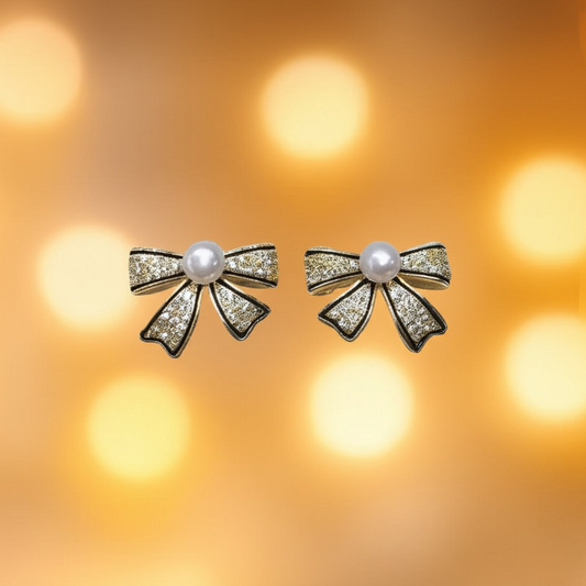 Bow Shape Zircon Pearl Earrings – PJT-995 HHC