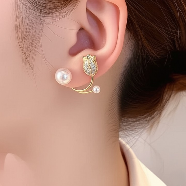 Beautiful Pearl Zircon Korean Flower Earrings – AWT-999 HHC