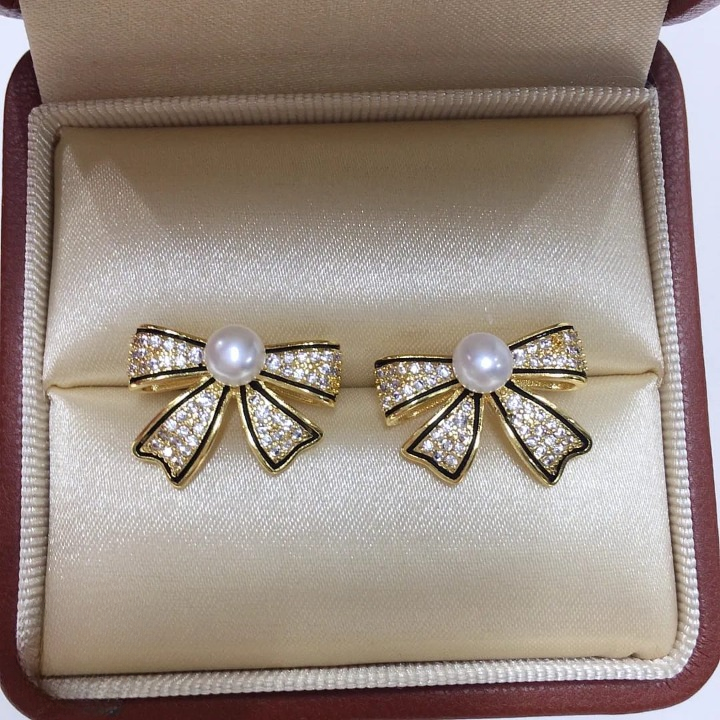 Bow Shape Zircon Pearl Earrings – PJT-995 HHC