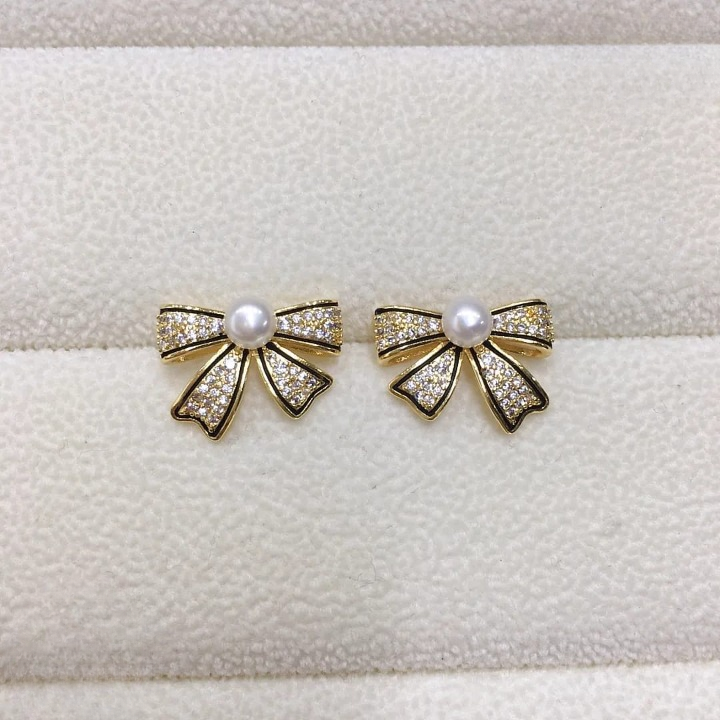 Bow Shape Zircon Pearl Earrings – PJT-995 HHC