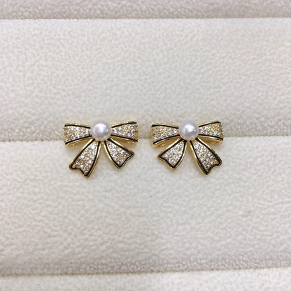 Bow Shape Zircon Pearl Earrings – PJT-995 HHC
