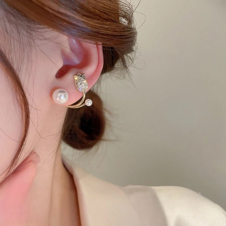 Beautiful Pearl Zircon Korean Flower Earrings – AWT-999 HHC