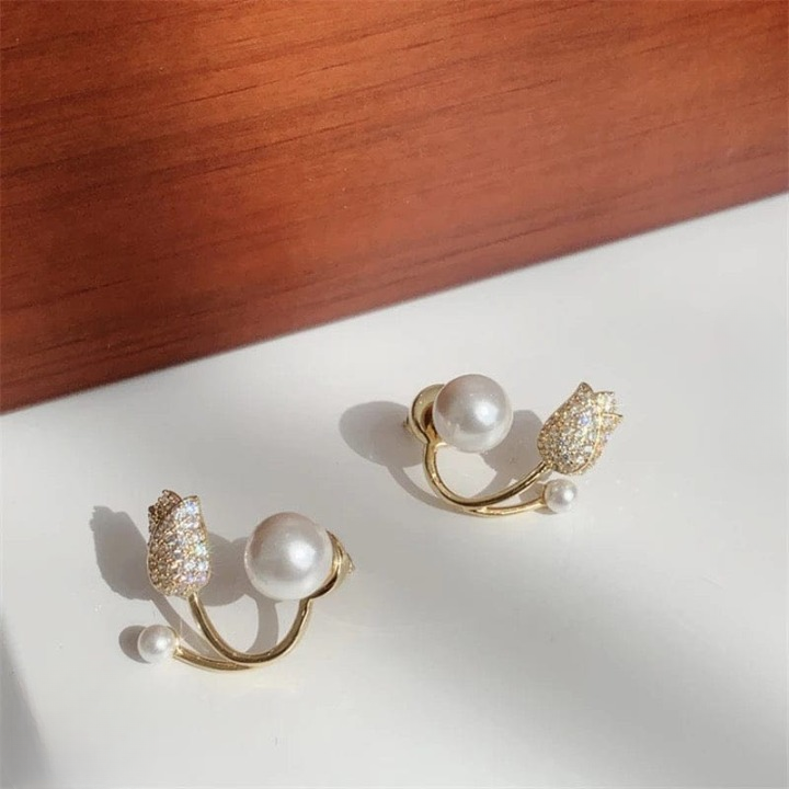 Beautiful Pearl Zircon Korean Flower Earrings – AWT-999 HHC