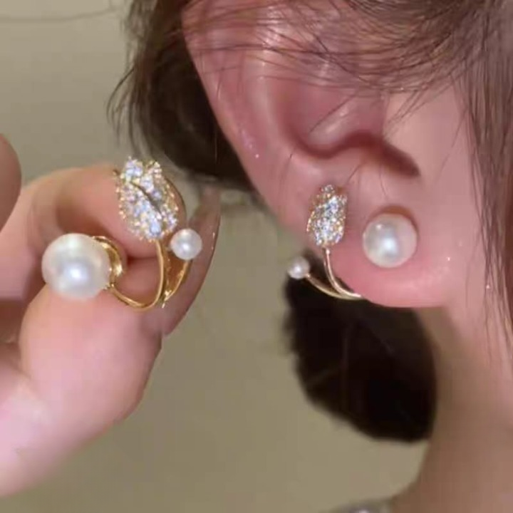 Beautiful Pearl Zircon Korean Flower Earrings – AWT-999 HHC