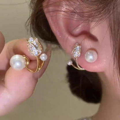 Beautiful Pearl Zircon Korean Flower Earrings – AWT-999 HHC