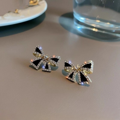 AXJ-112 Elegant Zircon Black Bow Tie Earrings HHC