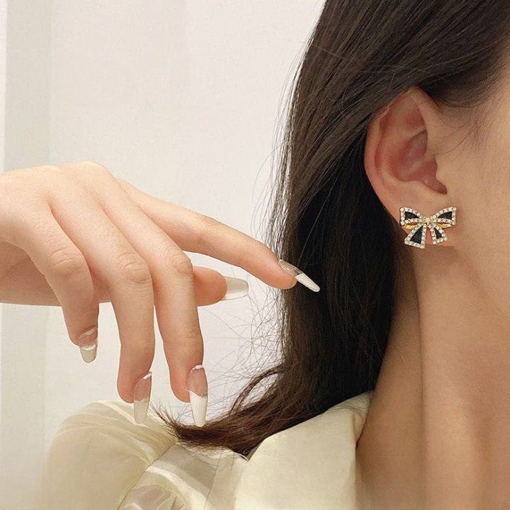 AXJ-112 Elegant Zircon Black Bow Tie Earrings HHC