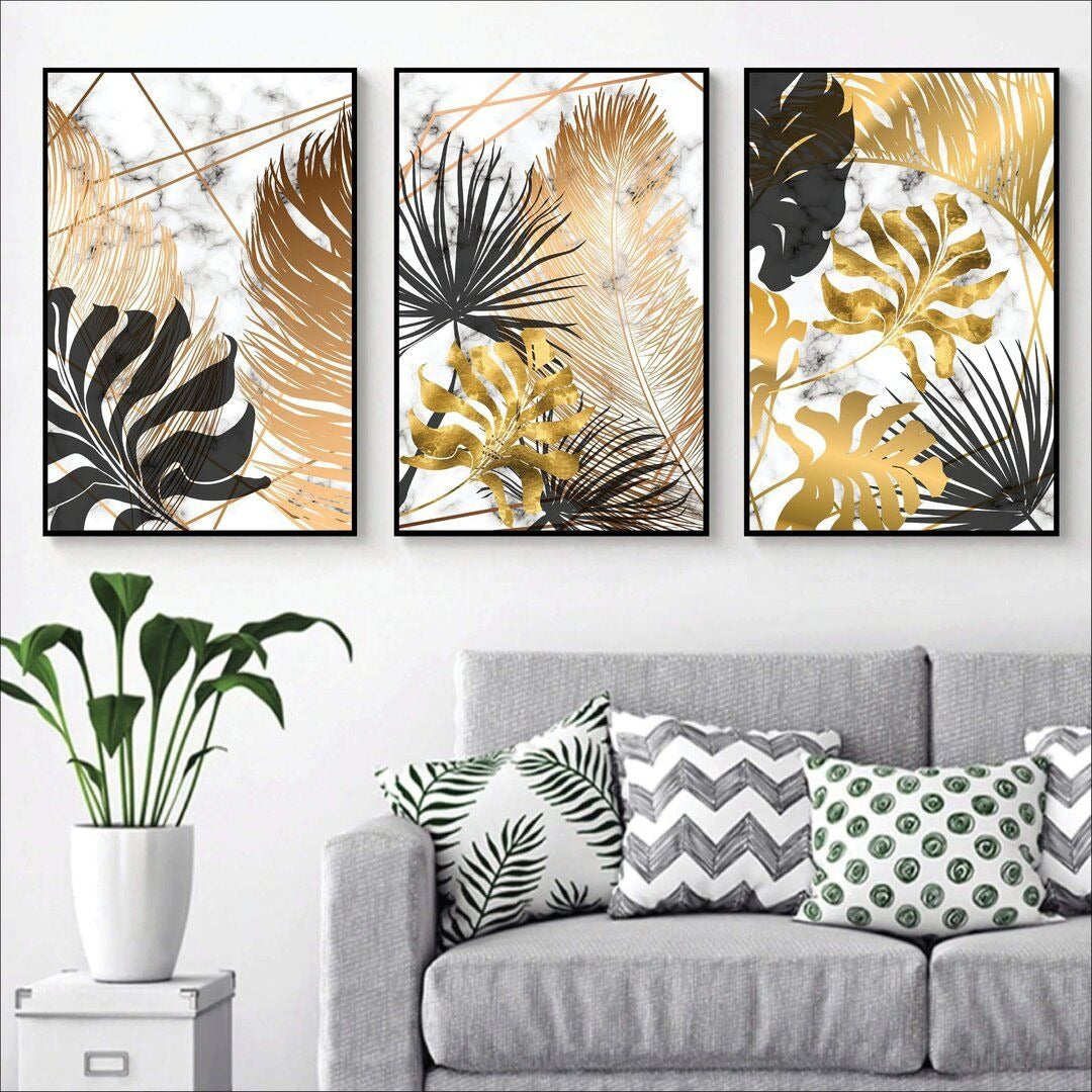 3-Piece Black &amp; Gold Leaves Sticky Wall Art Frames HHC