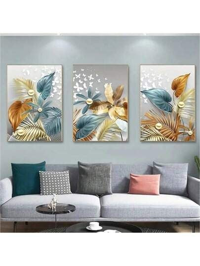 3-Piece Butterfly &amp; Leaves Design Sticky Wall Art Frames HHC