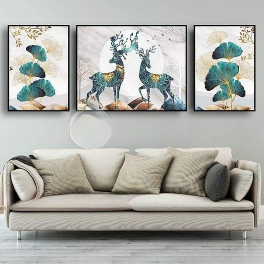 3-Piece Leaf &amp; Deer Design Sticky Wall Art Frames HHC
