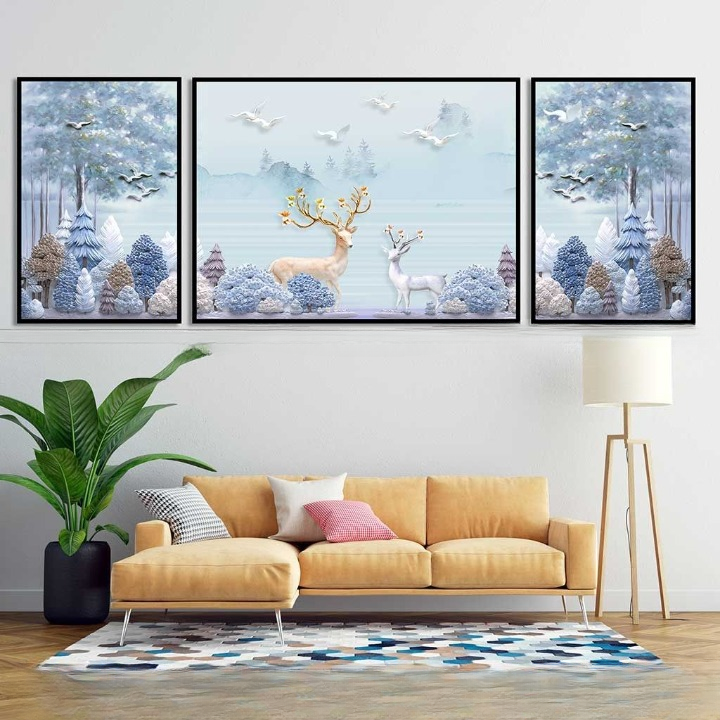 3-Piece Deer &amp; Forest Design Sticky Wall Art Frame HHC