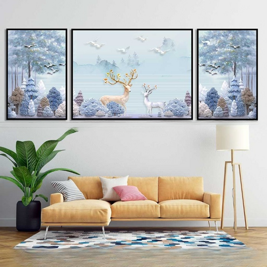3-Piece Deer &amp; Forest Design Sticky Wall Art Frame HHC