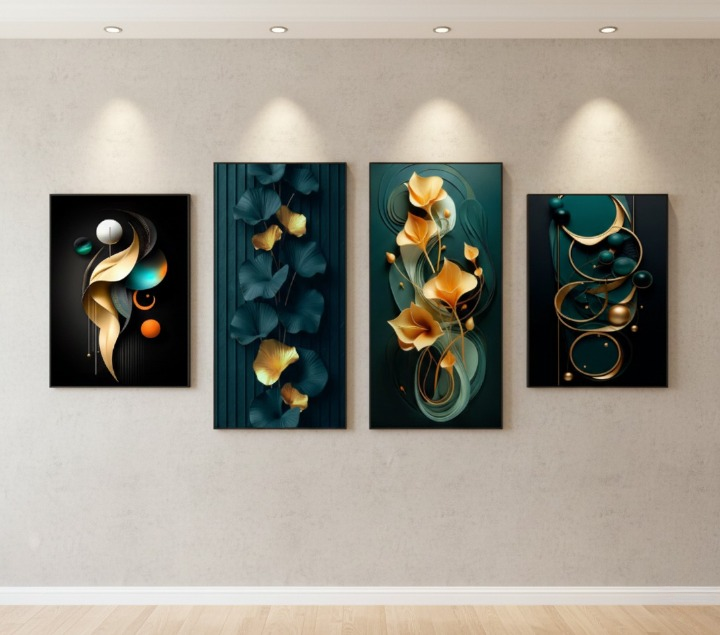 Set of 4 Modern Abstract Ginkgo Leaves Wall Art HHC