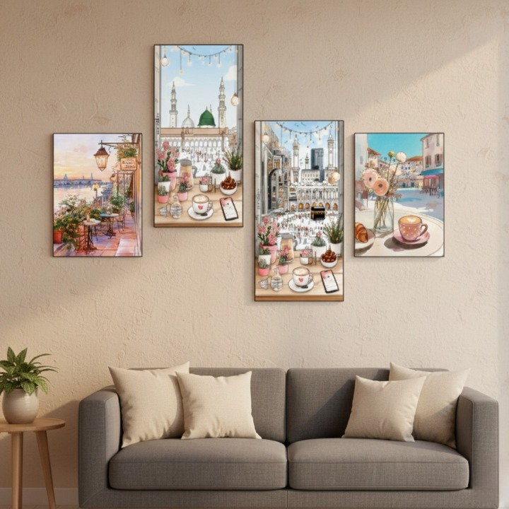 Set of 4 Modern Islamic Wall Art Prints – Wooden Sticky Tiles HHC