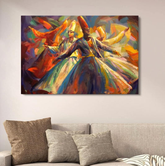 Darwaish Series Abstract Canvas Painting – Sufi Whirling Dervishes HHC