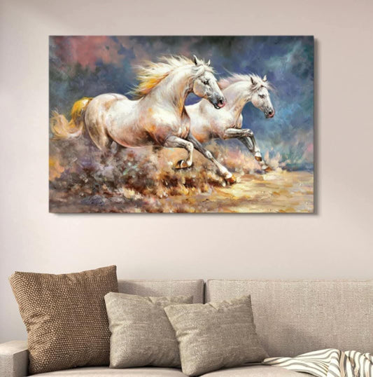 Two Galloping White Horses on the Plains Canvas Wall Art HHC