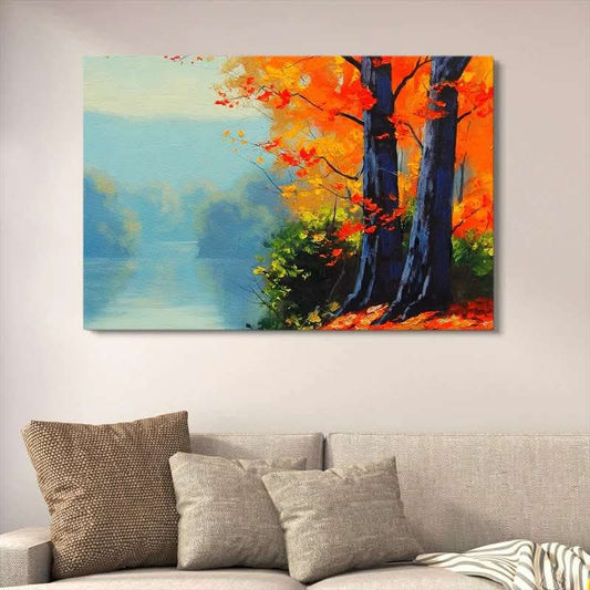 Autumn Forest River Canvas Art – Vibrant Fall Landscape Wall Decor HHC