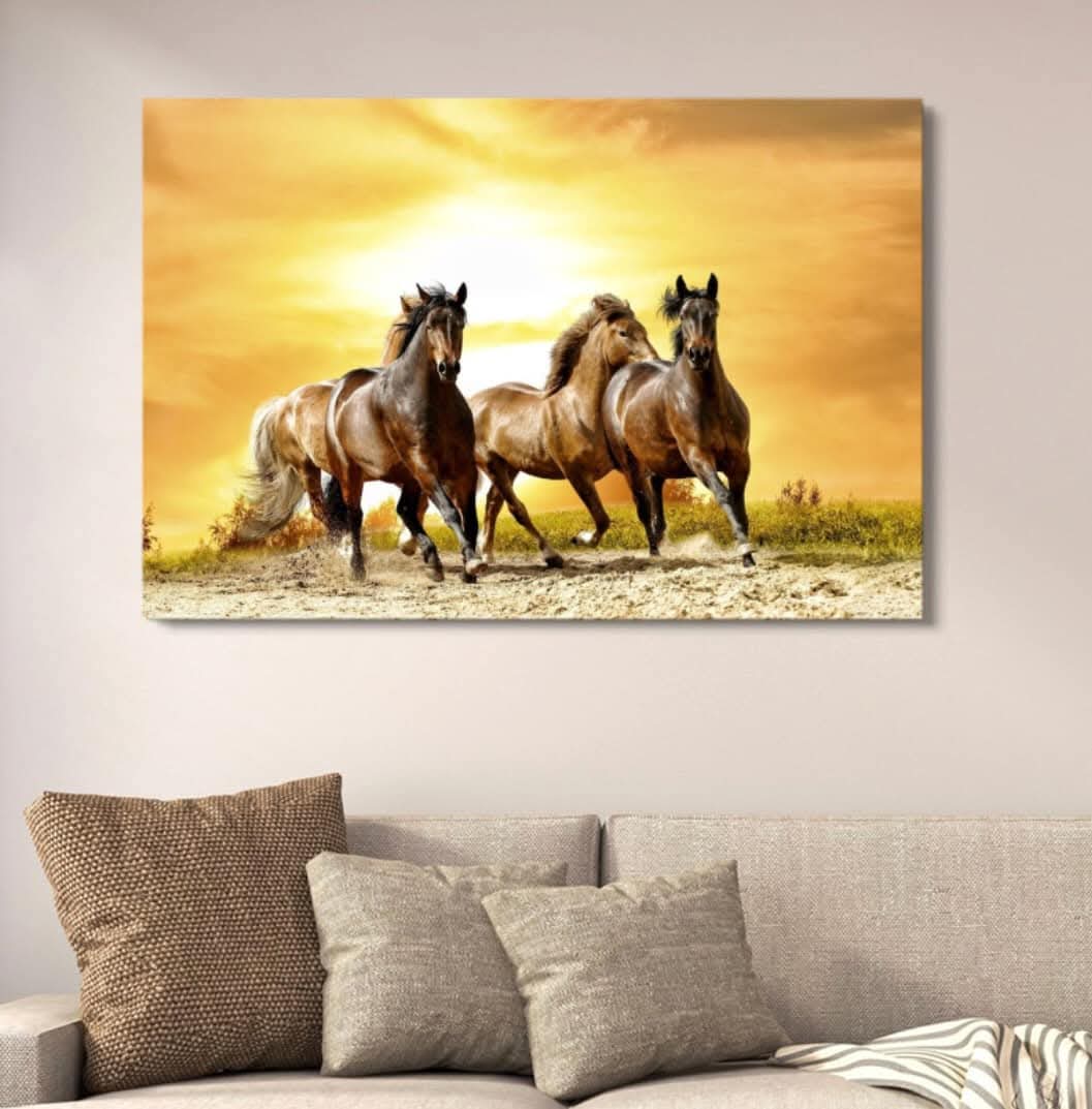 Golden Sunset Running Horses Canvas Art – Seven Horses Vastu Wall Decor HHC