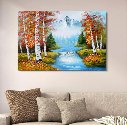 Autumn Mountain River Canvas Art – Scenic Nature Landscape Wall Decor HHC