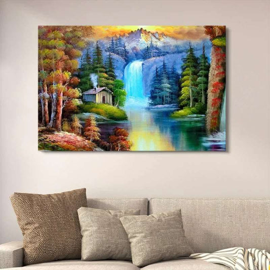 Scenic Mountain Waterfall Wooden Art Frame – Peaceful Forest Cabin Wall Decor HHC
