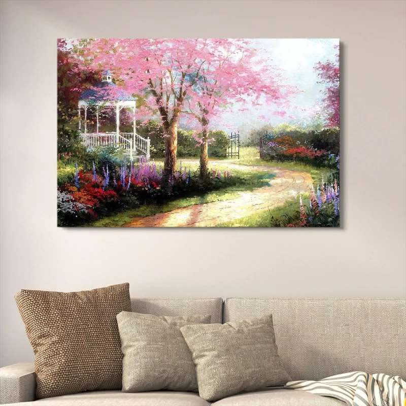 Pink Cherry Blossom Garden Wall Decor – Romantic Gazebo Landscape Painting HHC
