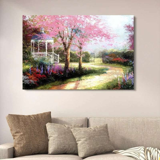 Pink Cherry Blossom Garden Wall Decor – Romantic Gazebo Landscape Painting HHC