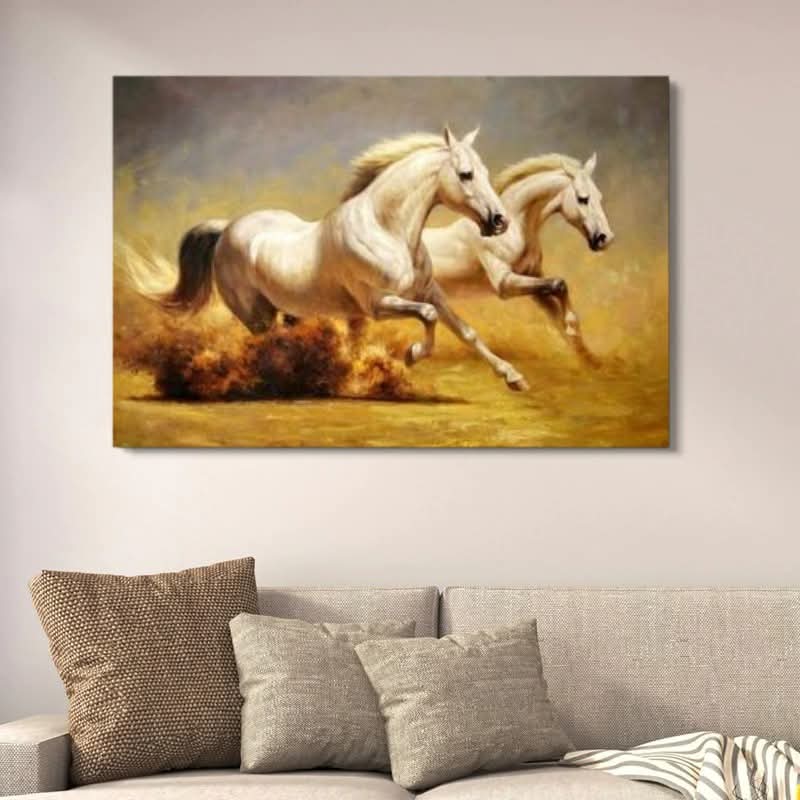 Galloping White Horses Wall Decor – Majestic Stallion Running Action Painting HHC
