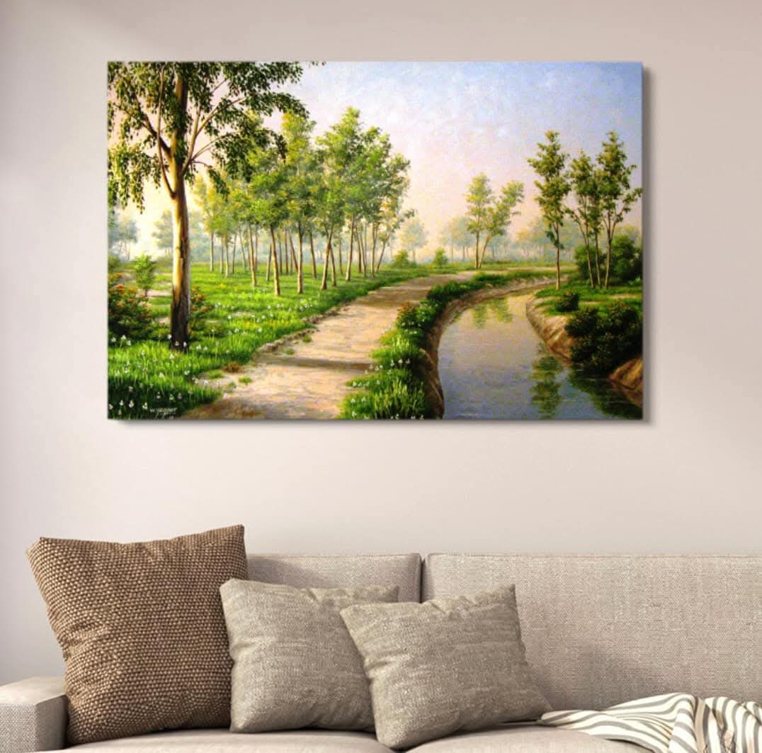 Nature Landscape Spring Garden Wall Decor – Vibrant Green Forest Path Painting HHC