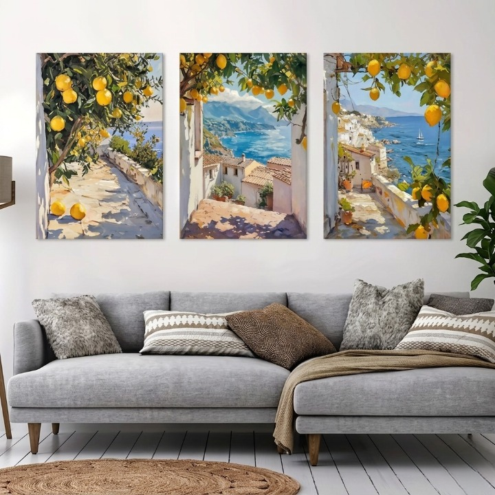 Set of 3 Vintage Mediterranean Coastal Lemon Tree Scenery Wall Art Frame HHC