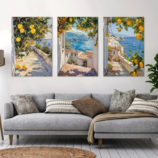 Set of 3 Vintage Mediterranean Coastal Lemon Tree Scenery Wall Art Frame HHC