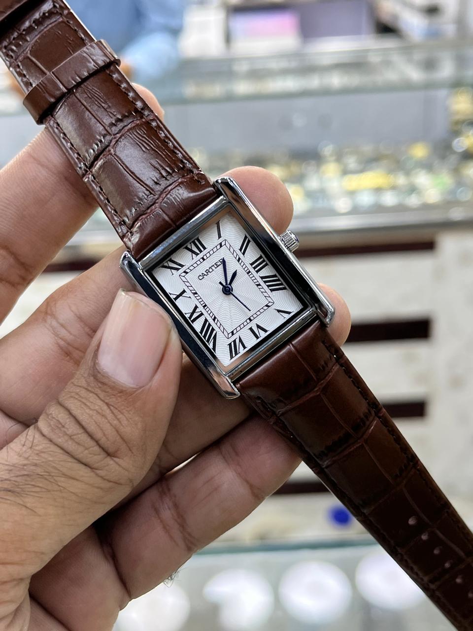 Cartier Style Rectangular Analog Watch for Men – Golden Dial with Brown Leather Strap HHC
