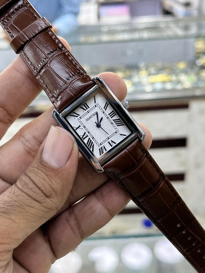 Cartier Style Rectangular Analog Watch for Men – Golden Dial with Brown Leather Strap HHC