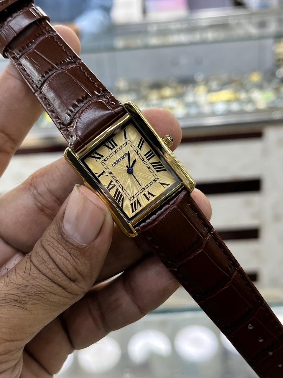 Cartier Style Rectangular Analog Watch for Men – Golden Dial with Brown Leather Strap HHC