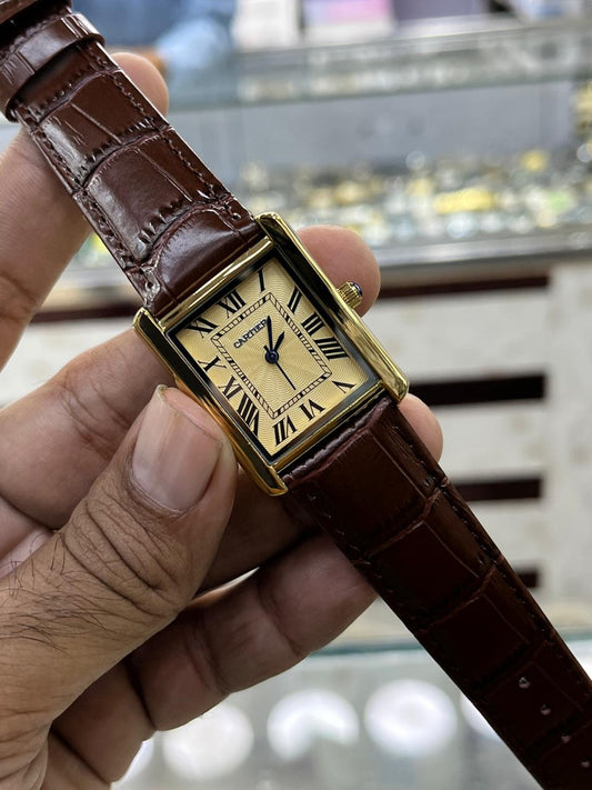 Cartier Style Rectangular Analog Watch for Men – Golden Dial with Brown Leather Strap HHC