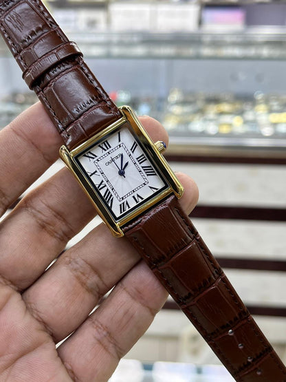 Cartier Style Rectangular Analog Watch for Men – Golden Dial with Brown Leather Strap HHC