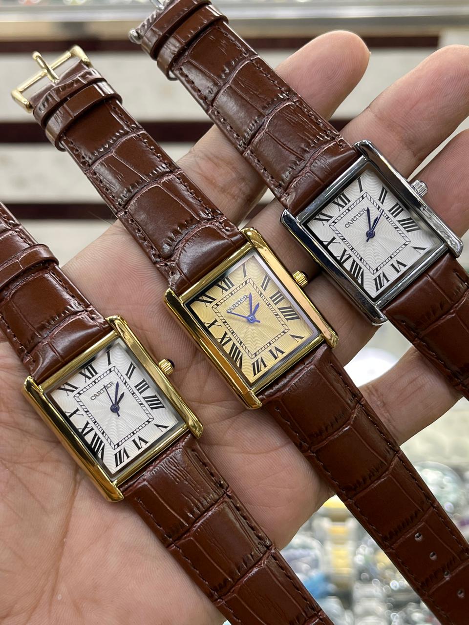 Cartier Style Rectangular Analog Watch for Men – Golden Dial with Brown Leather Strap HHC