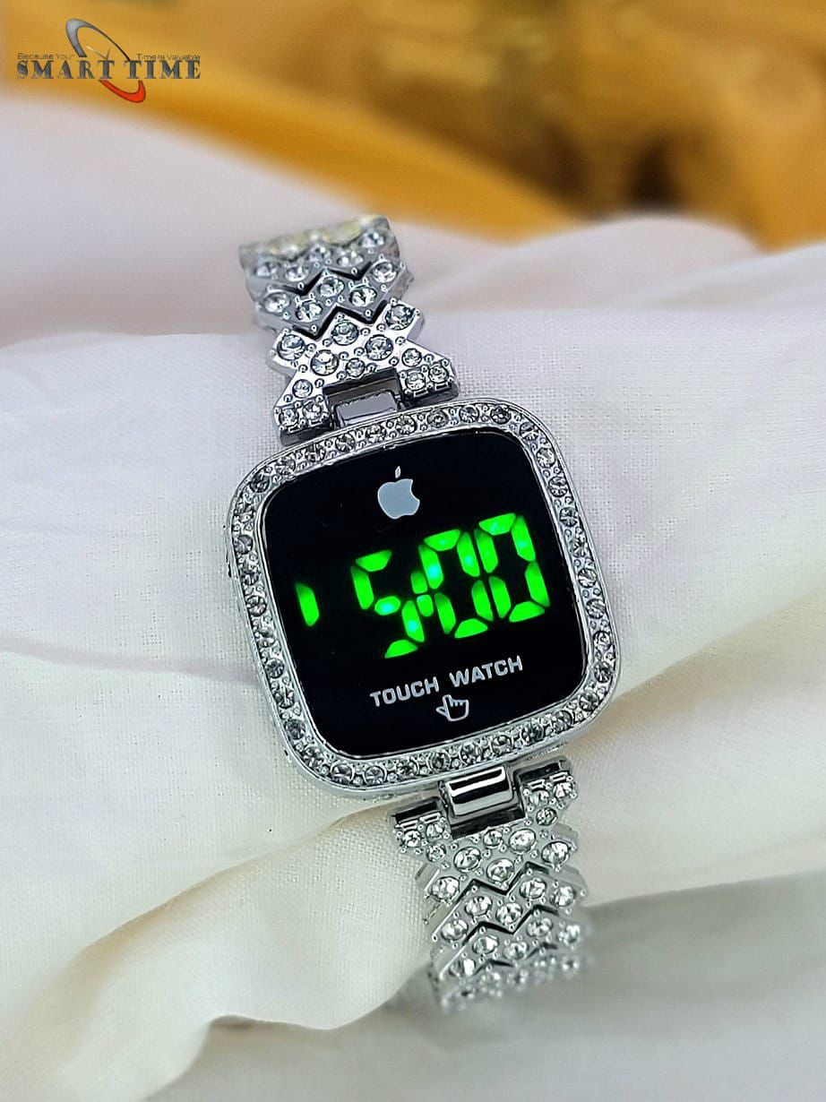 Diamond Touch Screen LED Watch for Girls &amp; Ladies – Silver Square Dial HHC