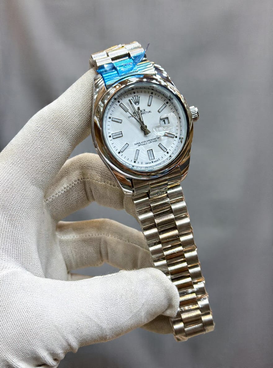 Rolex Oyster Perpetual Style Watch – White Dial with Stainless Steel Chain HHC