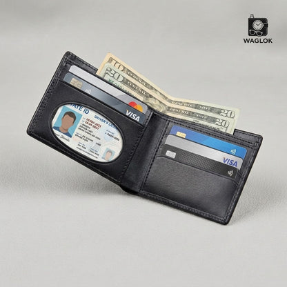 Men's Genuine Leather Bifold Wallet with Gift Box Black HHC