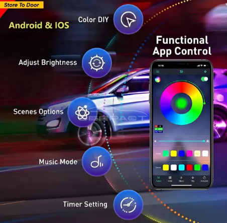 RGB Atmosphere Light for Cars &amp; Bikes – 48 LED Bluetooth App Control HHC