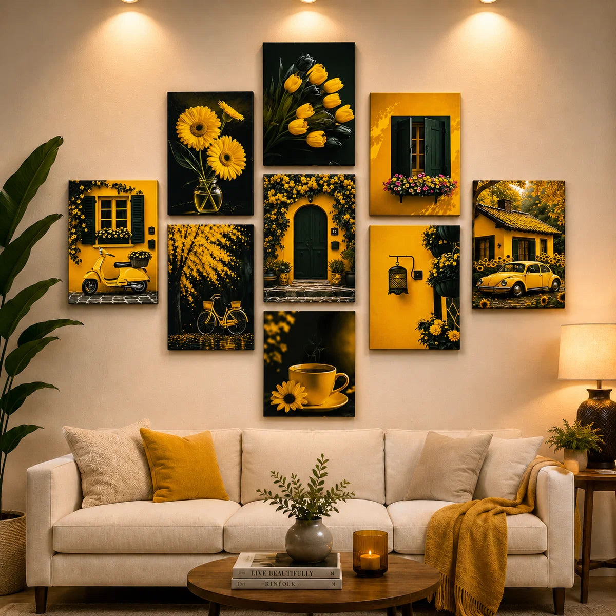 Set of 9 Yellow Theme Sticky Wall Art Tiles – 8×11 Inches HHC