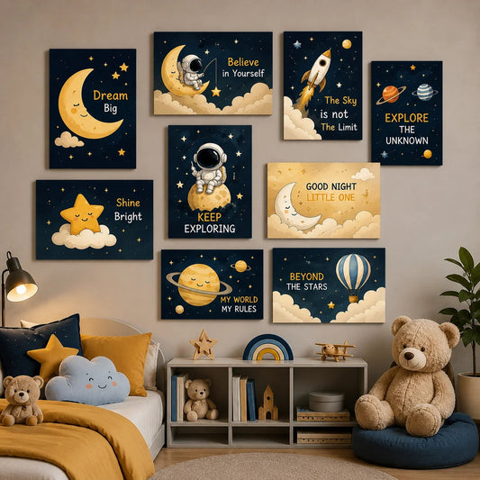9-Piece Space Theme Kids Wall Art Tiles – Astronauts, Planets &amp; Stars (8×11 Inches) HHC