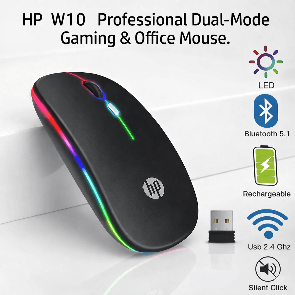 Original HP W10 RGB Rechargeable Dual-Mode Wireless Mouse HHC