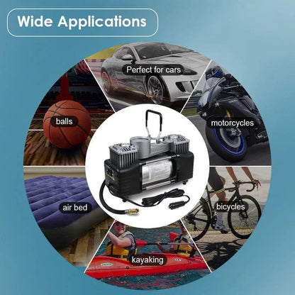 Imported Double Cylinder 12V Portable Electric Car Air Pump &amp; Repair Kit HHC