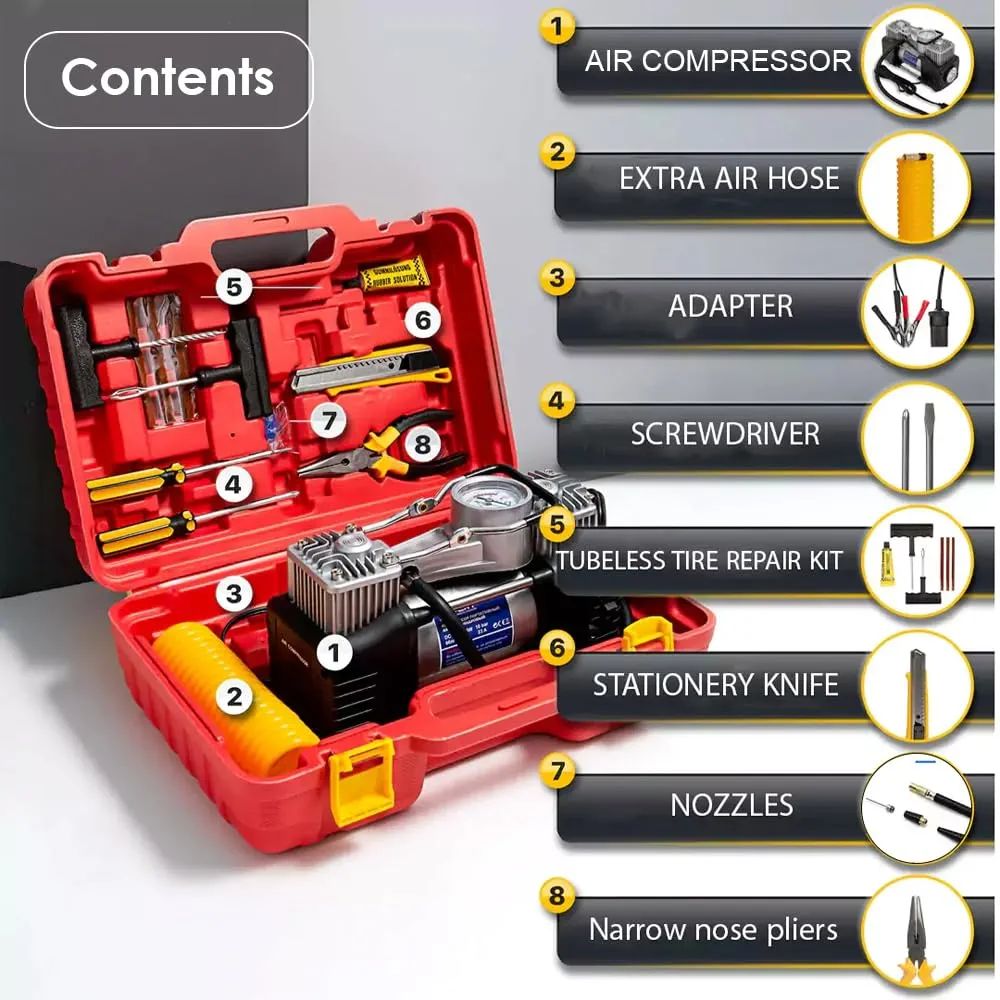 Imported Double Cylinder 12V Portable Electric Car Air Pump &amp; Repair Kit HHC