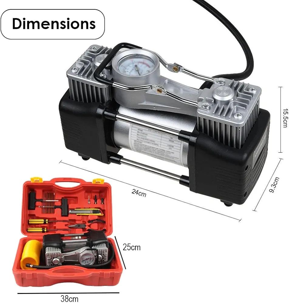 Imported Double Cylinder 12V Portable Electric Car Air Pump &amp; Repair Kit HHC