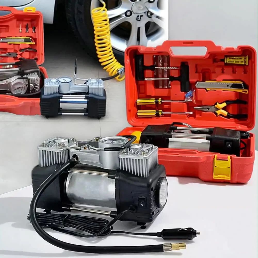 Imported Double Cylinder 12V Portable Electric Car Air Pump &amp; Repair Kit HHC
